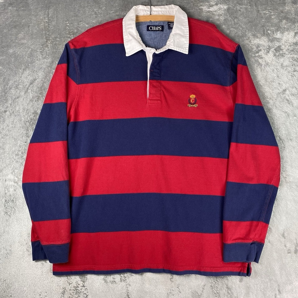 Chaps Rugby Shirt Mens XXL Red Blue Stripe Long Sleeve Polo Preppy Crest Logo